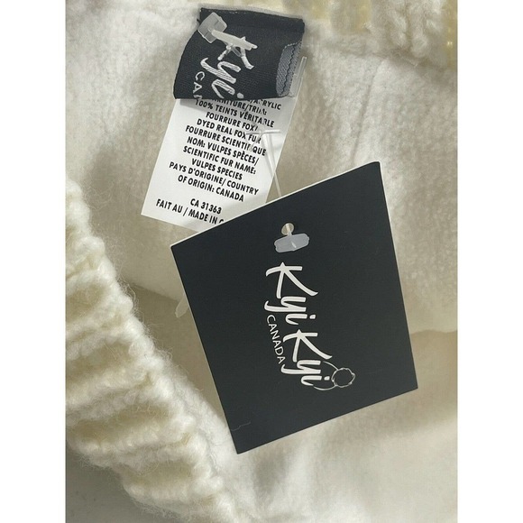 KYI KYI WOMEN’S CLASSIC FOX FUR WAFFLE KNIT POM POM BEANIE IVORY, ONE SIZE - Picture 7 of 8